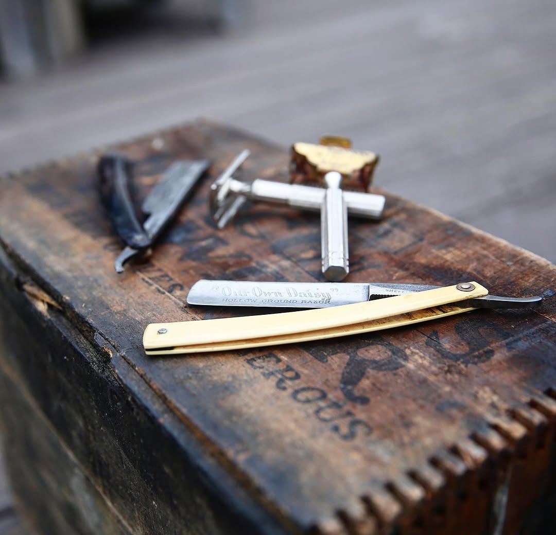 Vintage straight razor on wooden box, Old Hand Barber